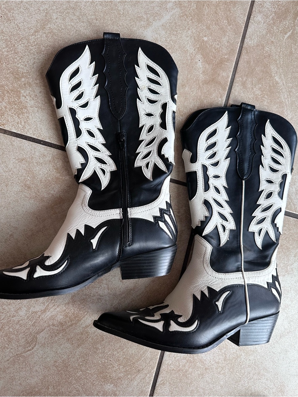 Nasty Gal Black and White Western Cowboy Boots faux leather
